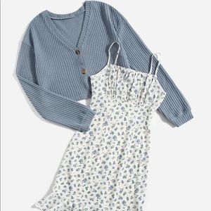 Solid Button Front Waffle Knit Top with Ditsy Floral Ruffle Hem Cami Dress